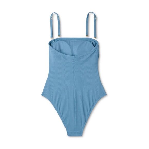 NWT Woman’s Shirred Ribbed Bandeau Cheeky One-Piece Swimsuit Blue Medium - Picture 2 of 15